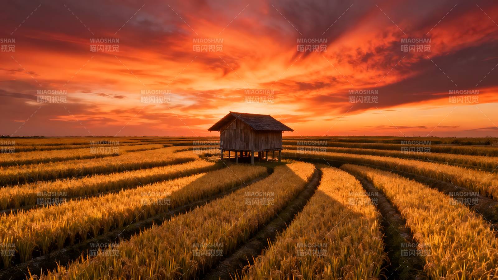 稻田夕照小屋图片
