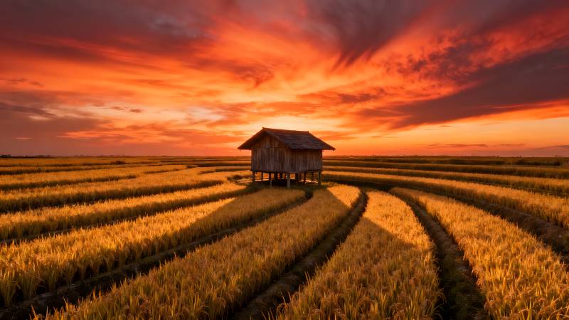 夕阳下的稻田小屋图片