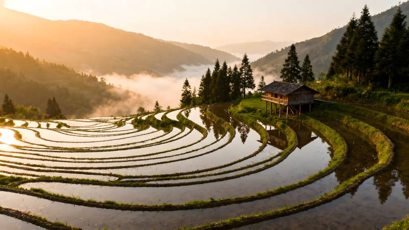 梯田晨曦 山雾缭绕图片