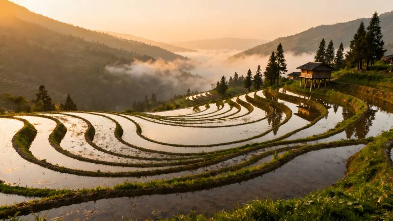 梯田晨雾美景图片