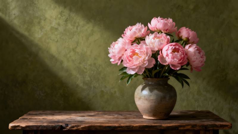 粉花静置古木桌图片