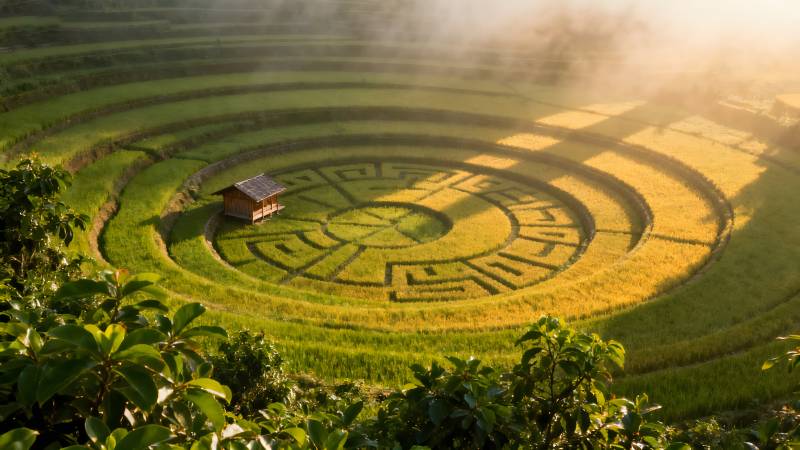 稻田迷宫晨雾中图片