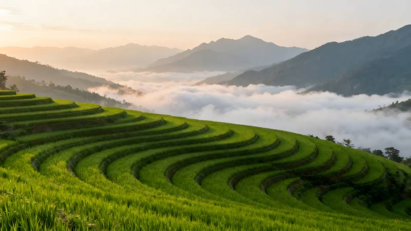 梯田晨雾山景图片