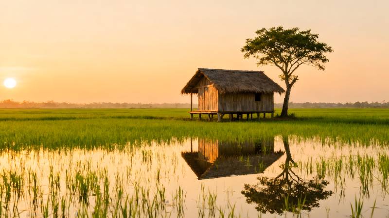 湖畔小屋日落倒影图片