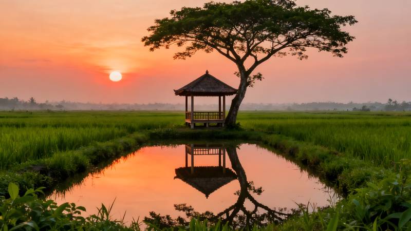 夕阳下的田园小亭图片