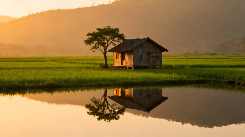 晨光中的小屋倒影图片