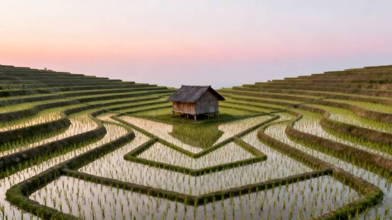 梯田晨曦小屋图片