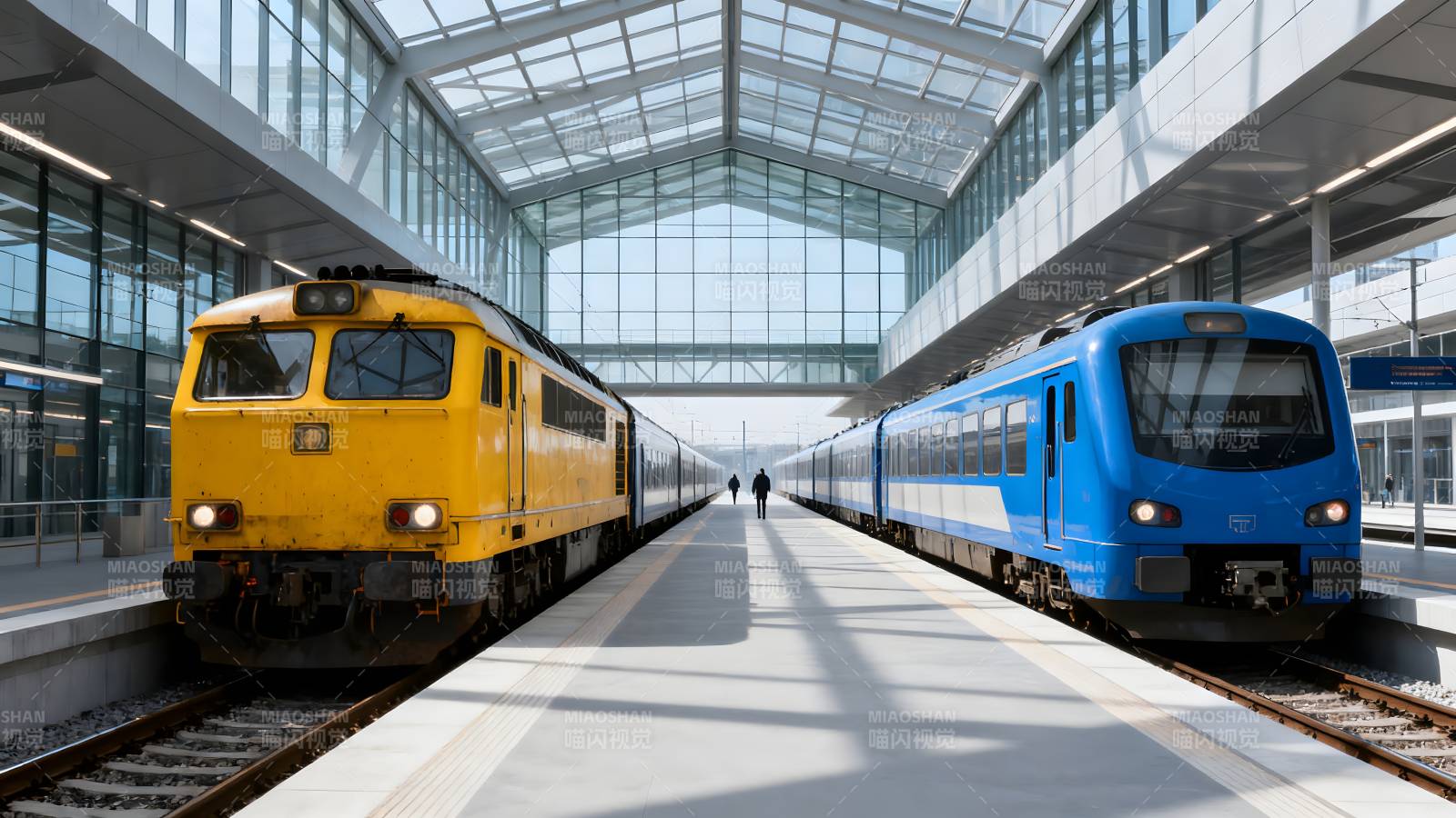 双列火车对峙站台图片