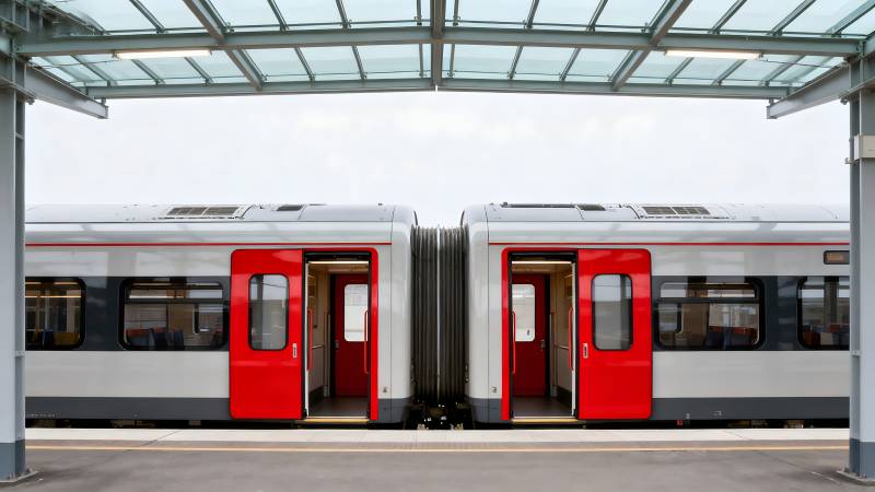 红色车门的现代列车图片