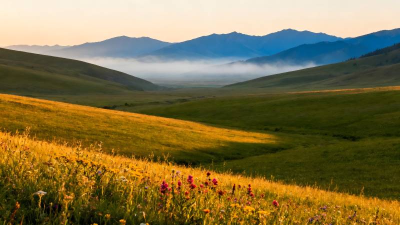 山野晨曦花海图片