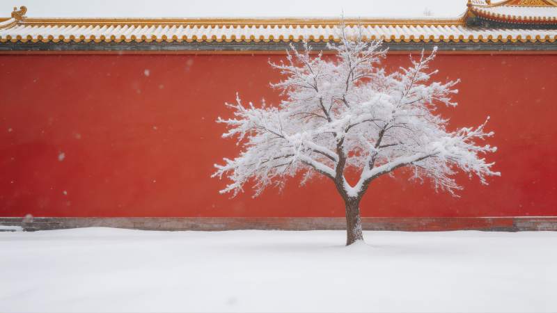 雪中红墙古树图片