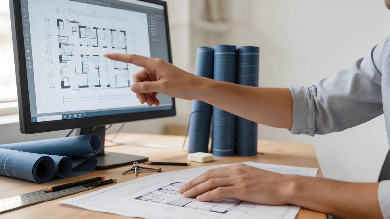 建筑师审阅设计图图片