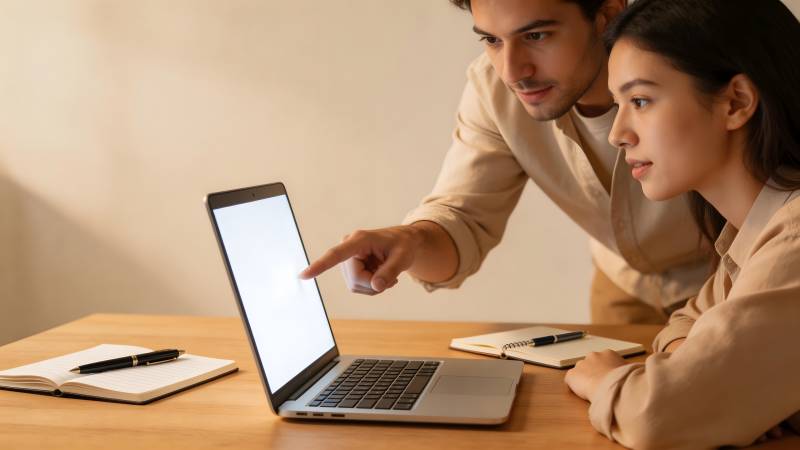 两人共看笔记本电脑图片