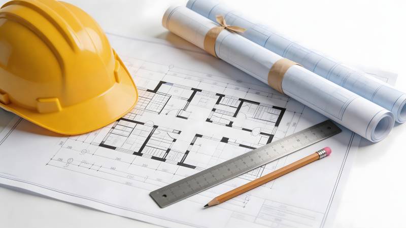 建筑图纸与安全帽图片