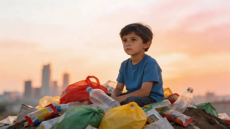 孩子与垃圾堆图片