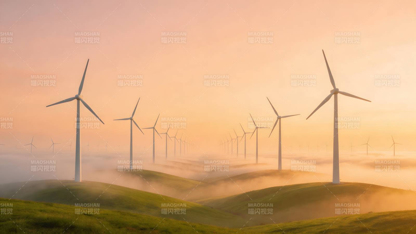 风车晨雾美景图片