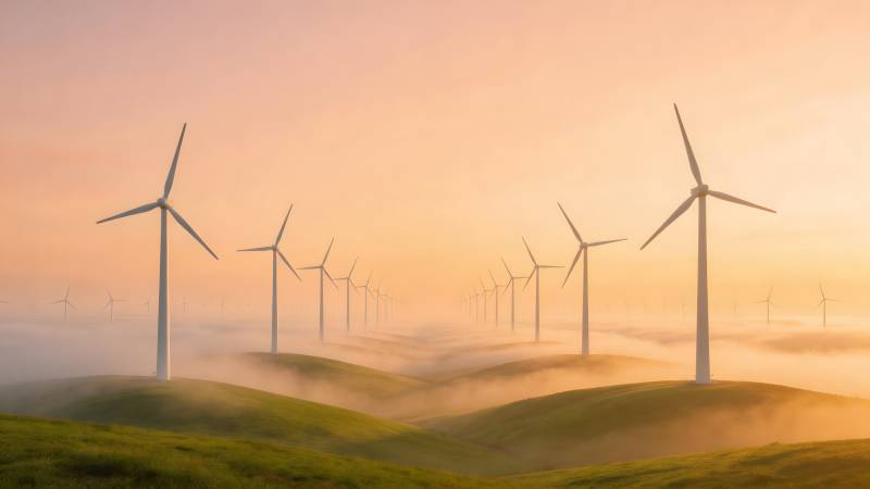 风车晨雾美景图片