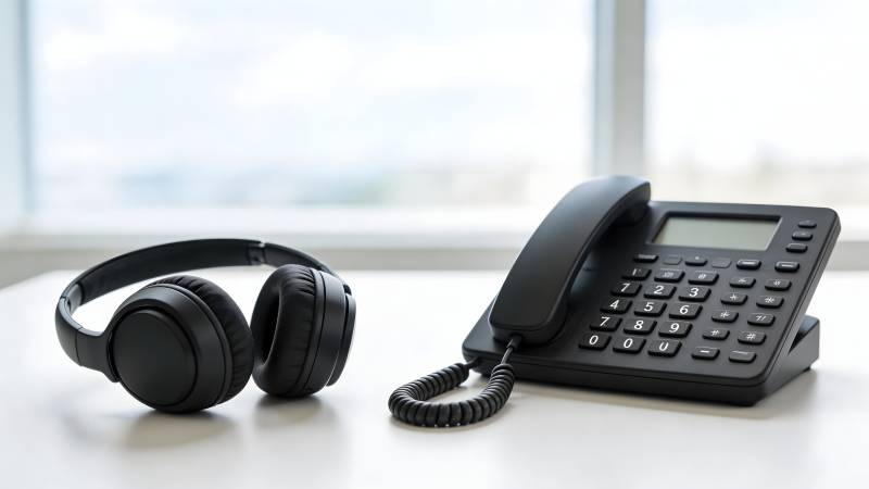 耳机与电话静置桌面图片