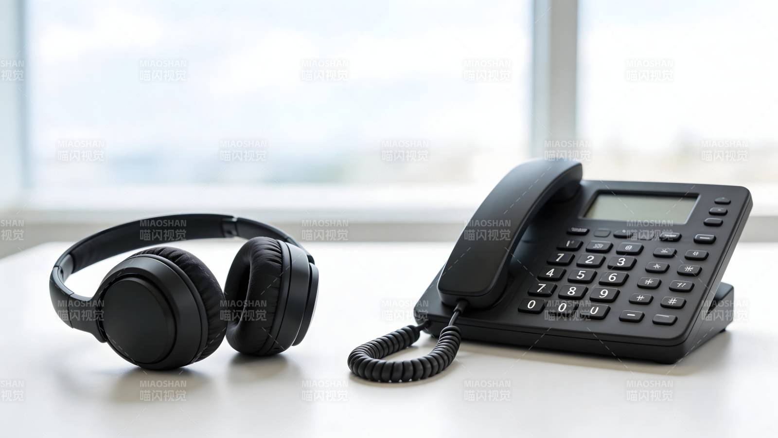 耳机与电话静置桌面图片