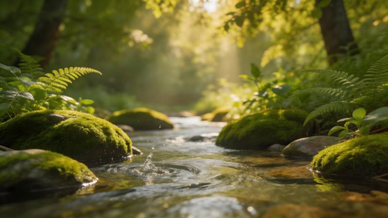 溪流穿林 光影斑驳图片