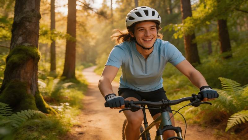 林间骑行 笑容灿烂图片