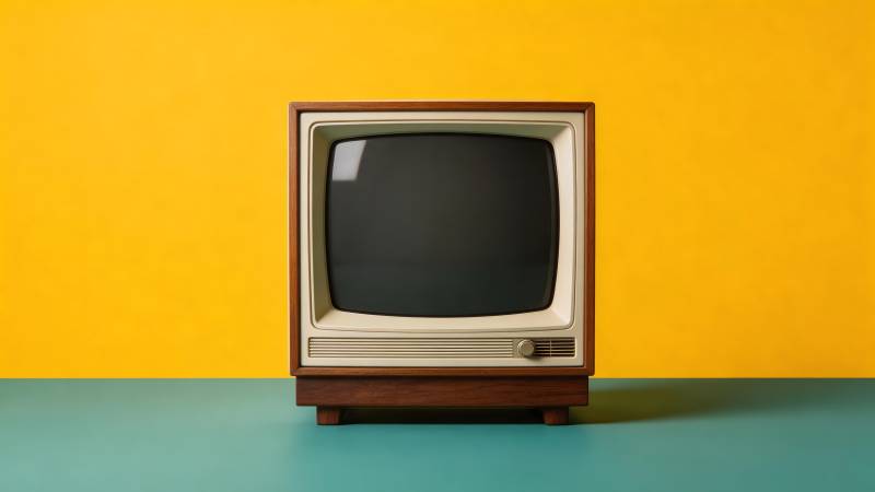 复古电视静立黄墙前图片