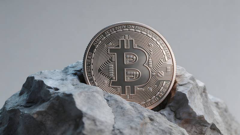 比特币立于岩石之上图片