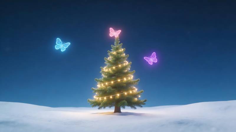 雪夜圣诞树与彩蝶图片