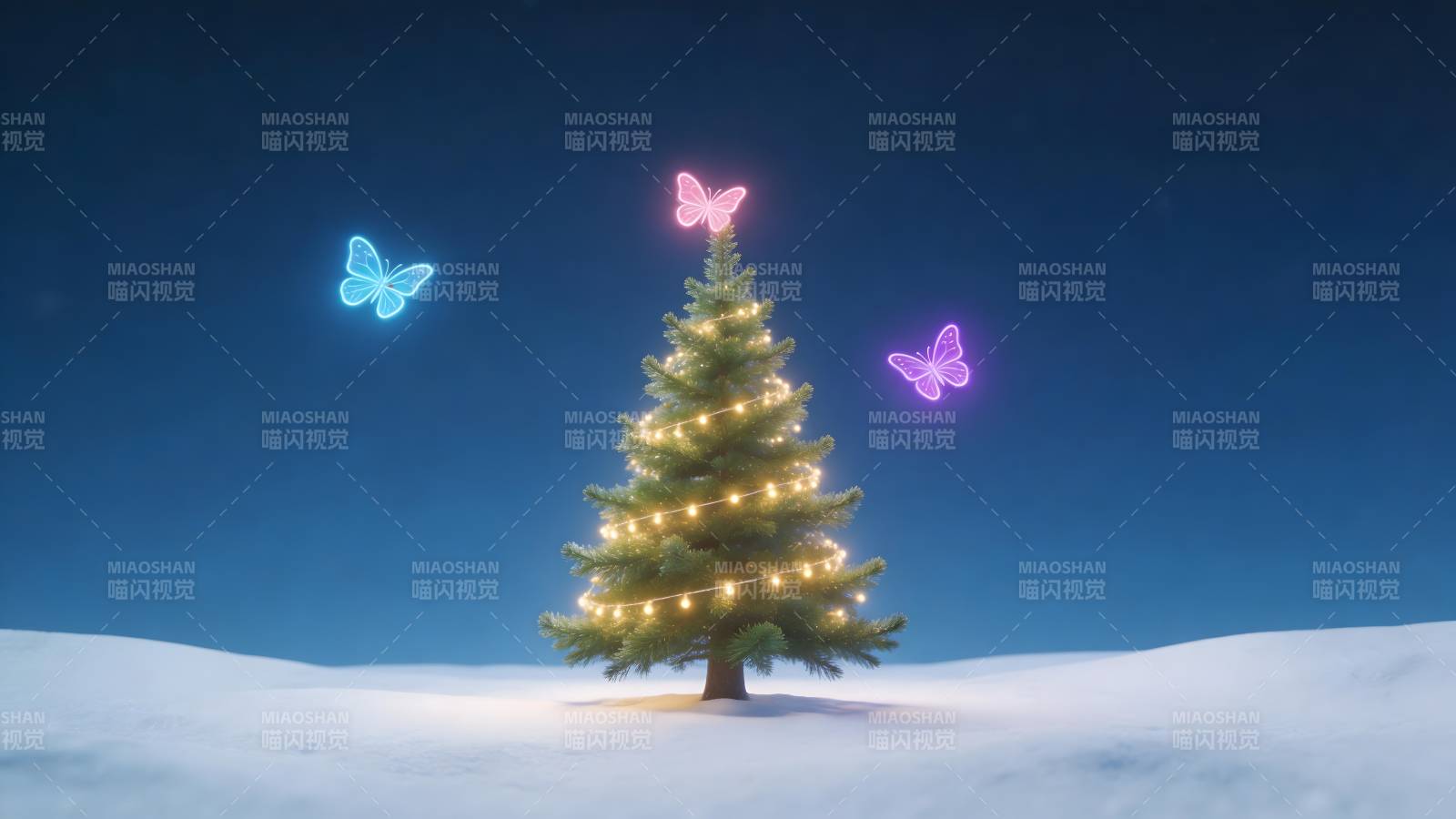 雪夜圣诞树与彩蝶图片