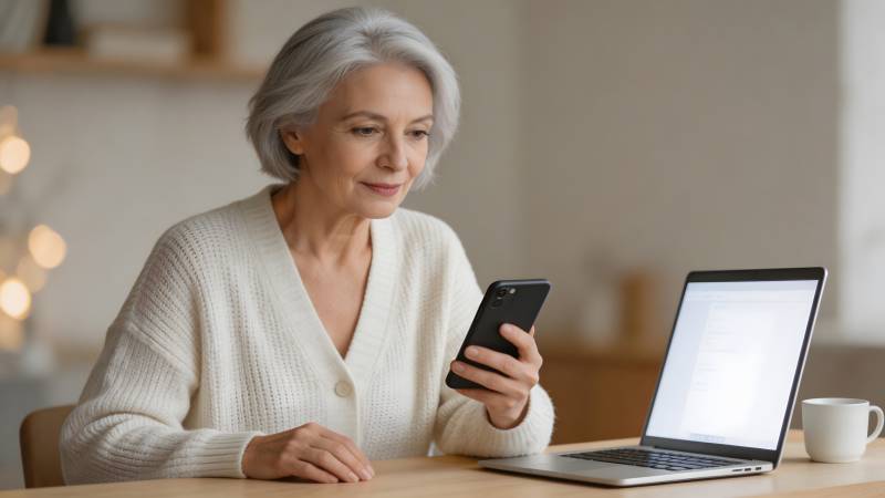 老年女性使用手机和笔记本电脑图片