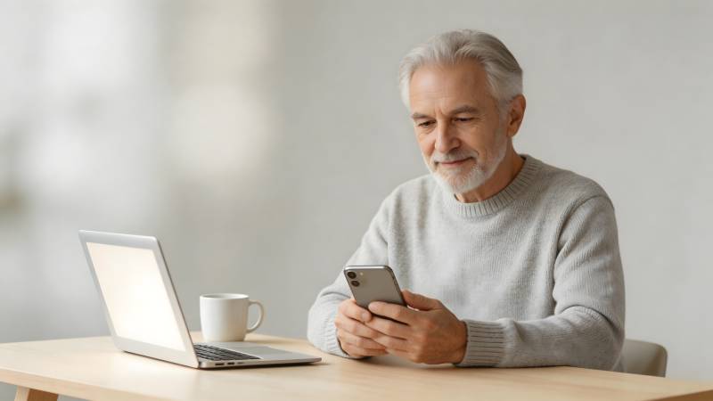 老人专注看手机图片