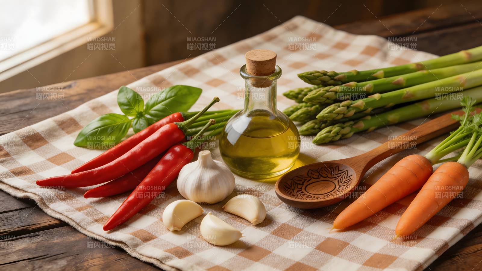 新鲜蔬菜与橄榄油图片