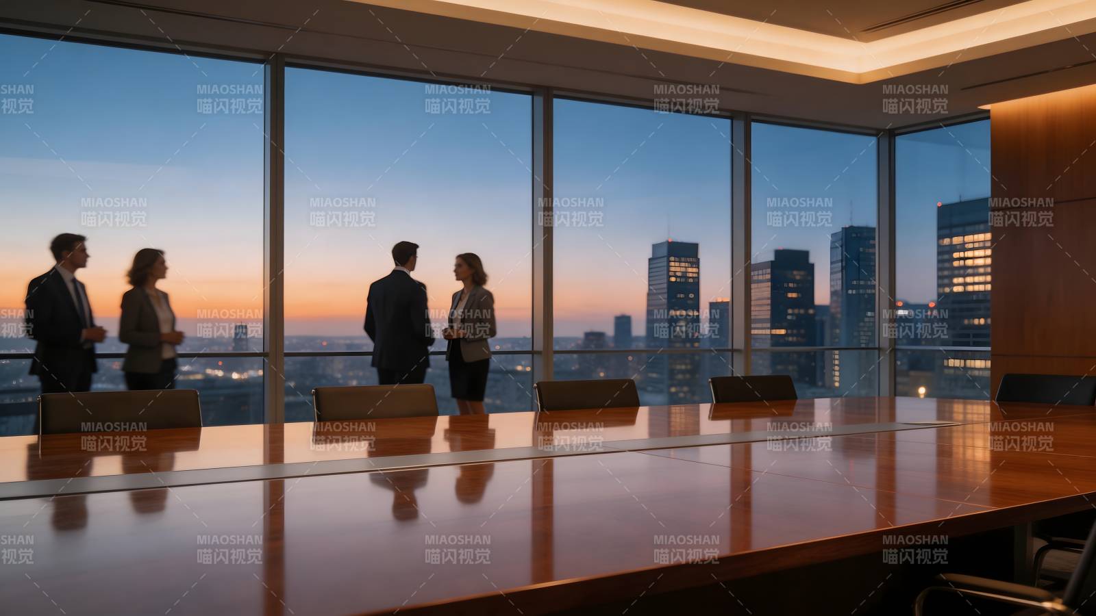 都市暮色中的商务对话图片