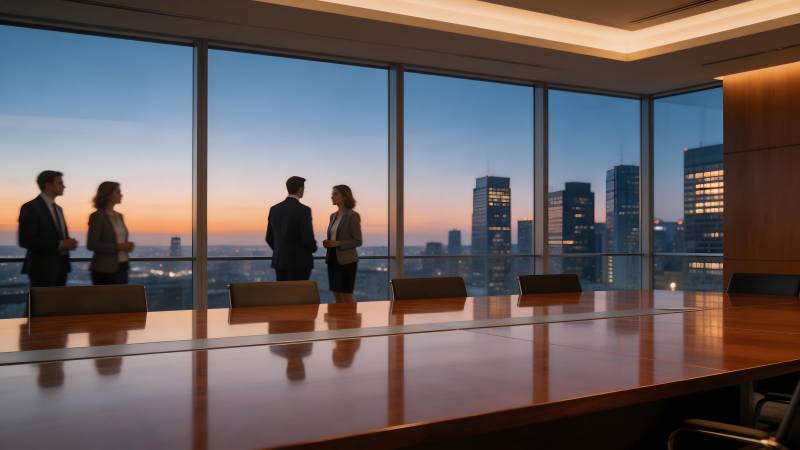 都市暮色中的商务对话图片