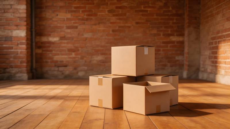 纸箱堆叠在木地板上图片