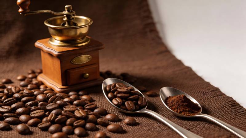 咖啡豆与磨豆机图片