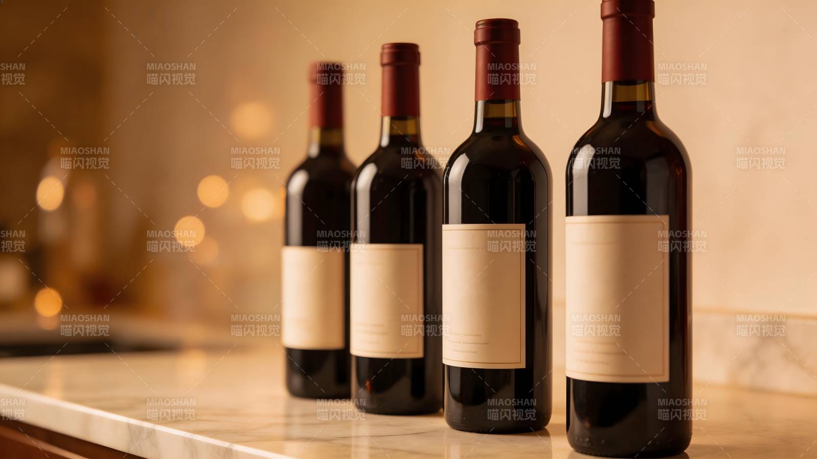 四瓶红酒静置台面图片