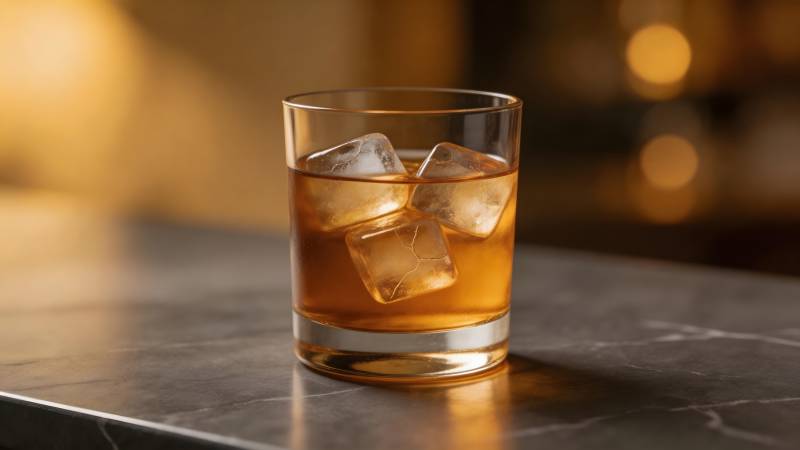 琥珀酒杯冰块光影图片