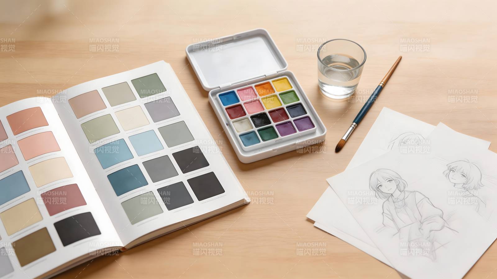 水彩绘画准备中图片