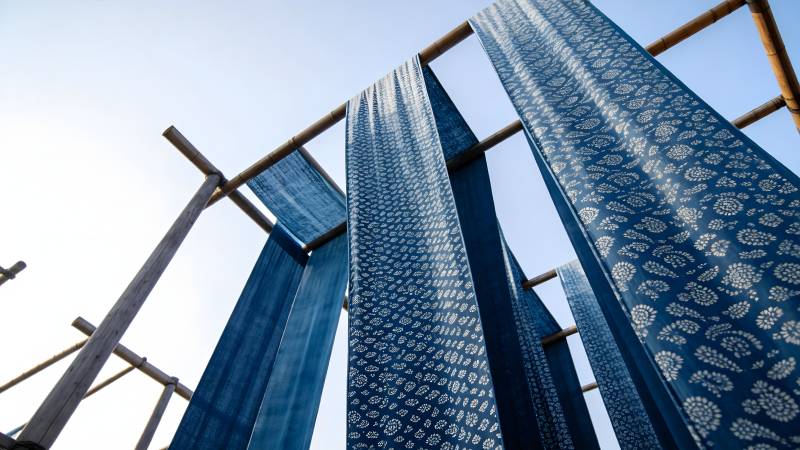 蓝染布匹迎风飘扬图片