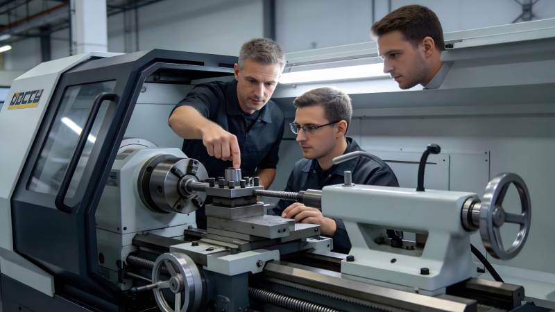 车间三人操作机床图片