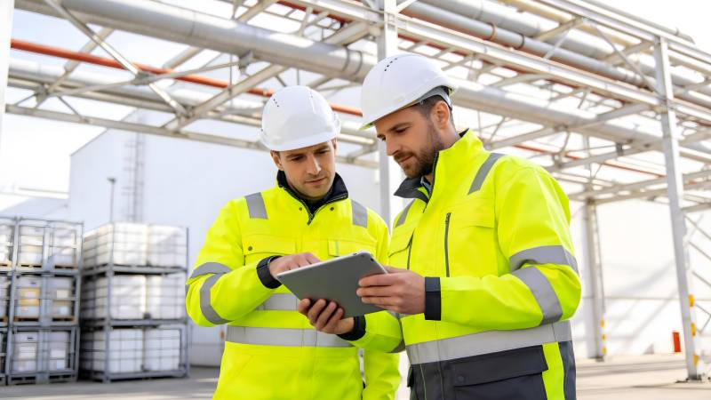 工人查看平板设备图片