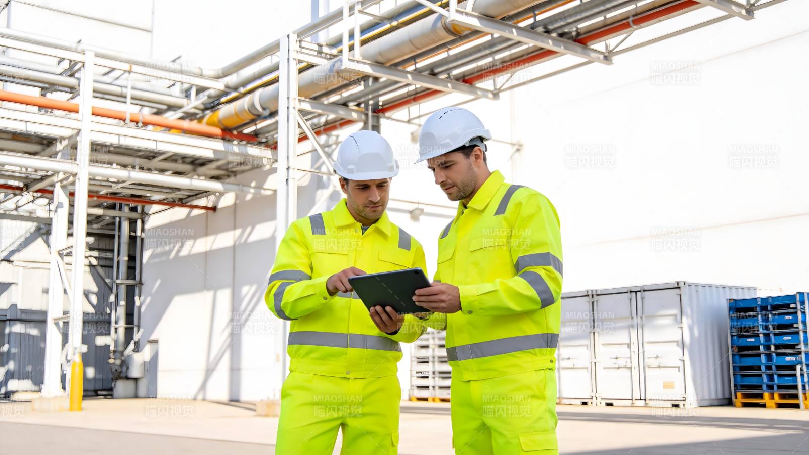 工人查看平板设备图片