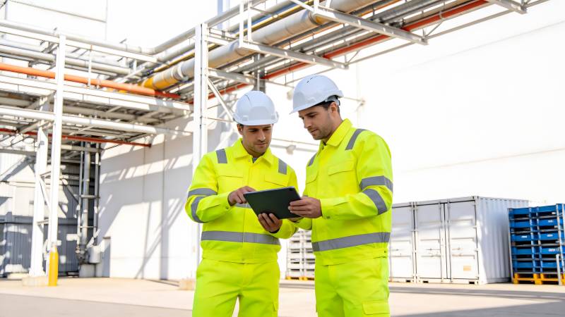 工人查看平板设备图片