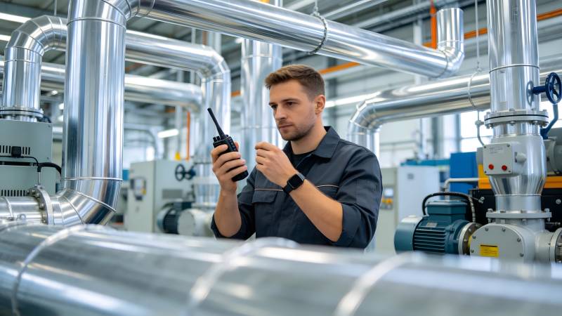工厂工人手持对讲机图片