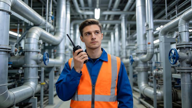 工厂工人手持对讲机图片