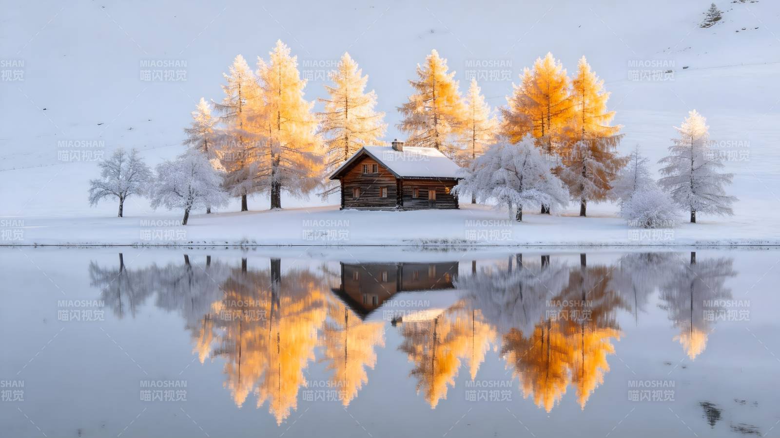 雪湖倒影小屋图片