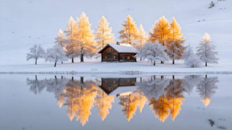 雪湖倒影小屋图片