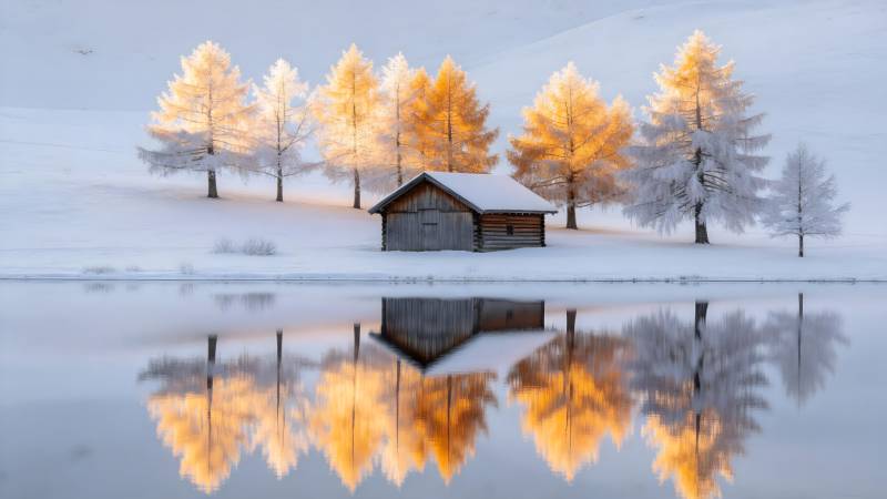 雪景倒影小屋图片