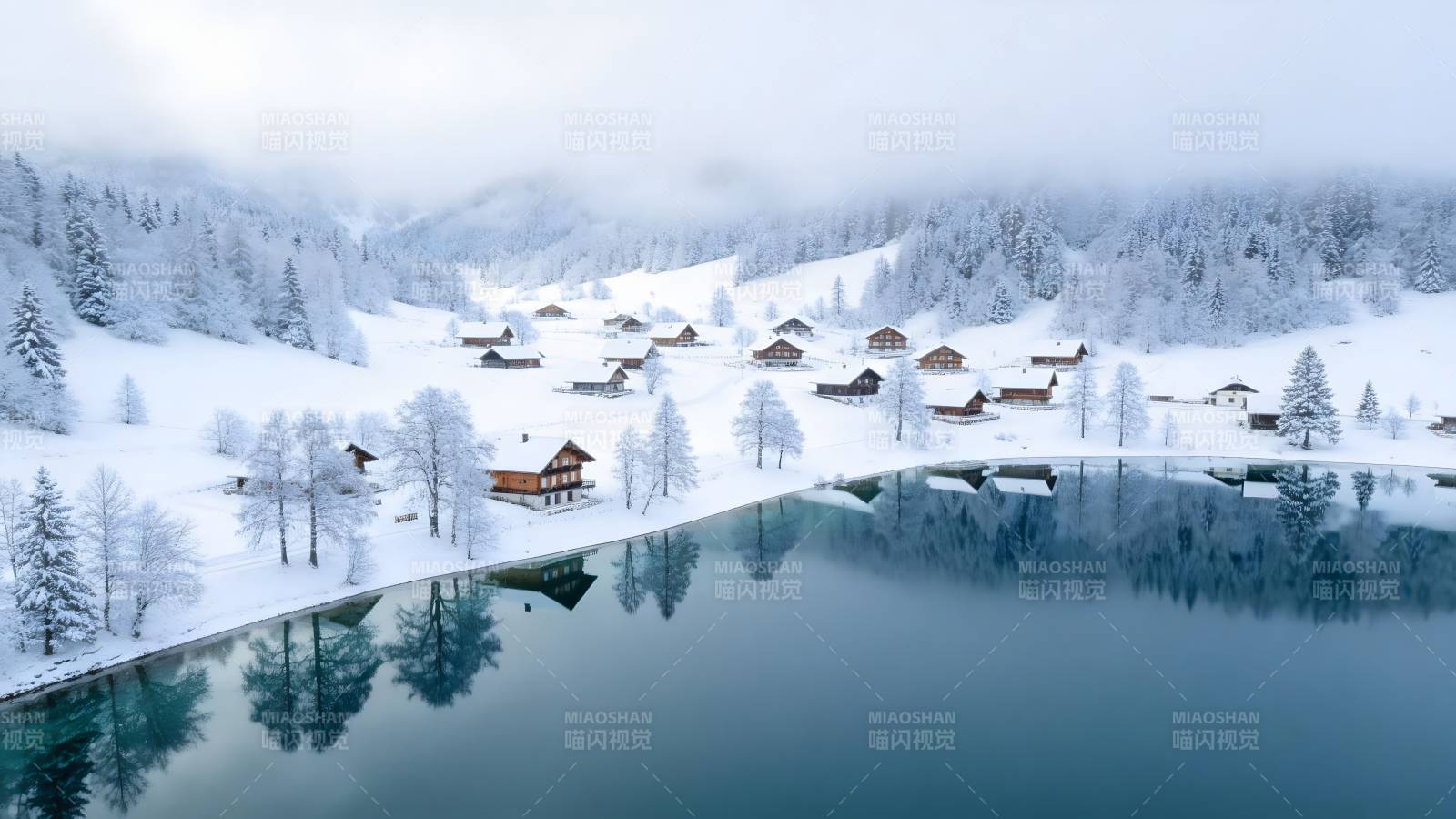 雪湖静谧山村图片